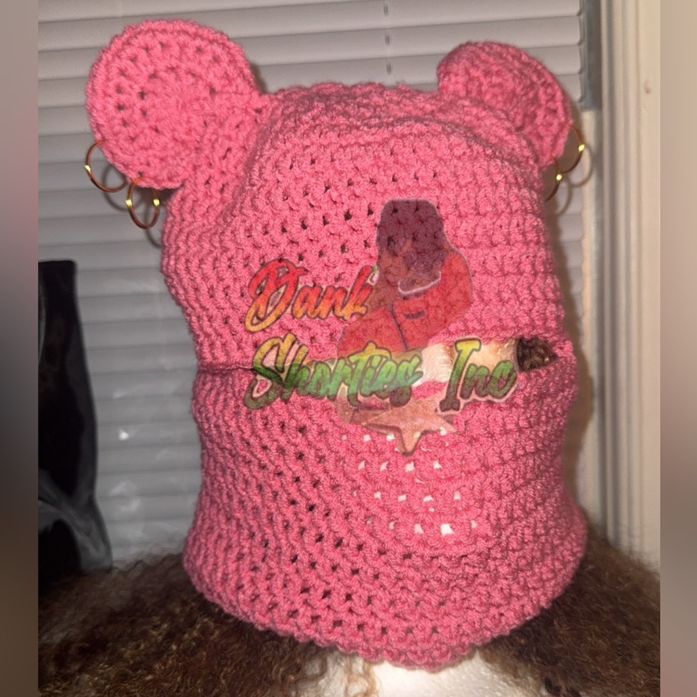 Pink Crochet Facemask/ Beanie with Bear Ears and Earrings!